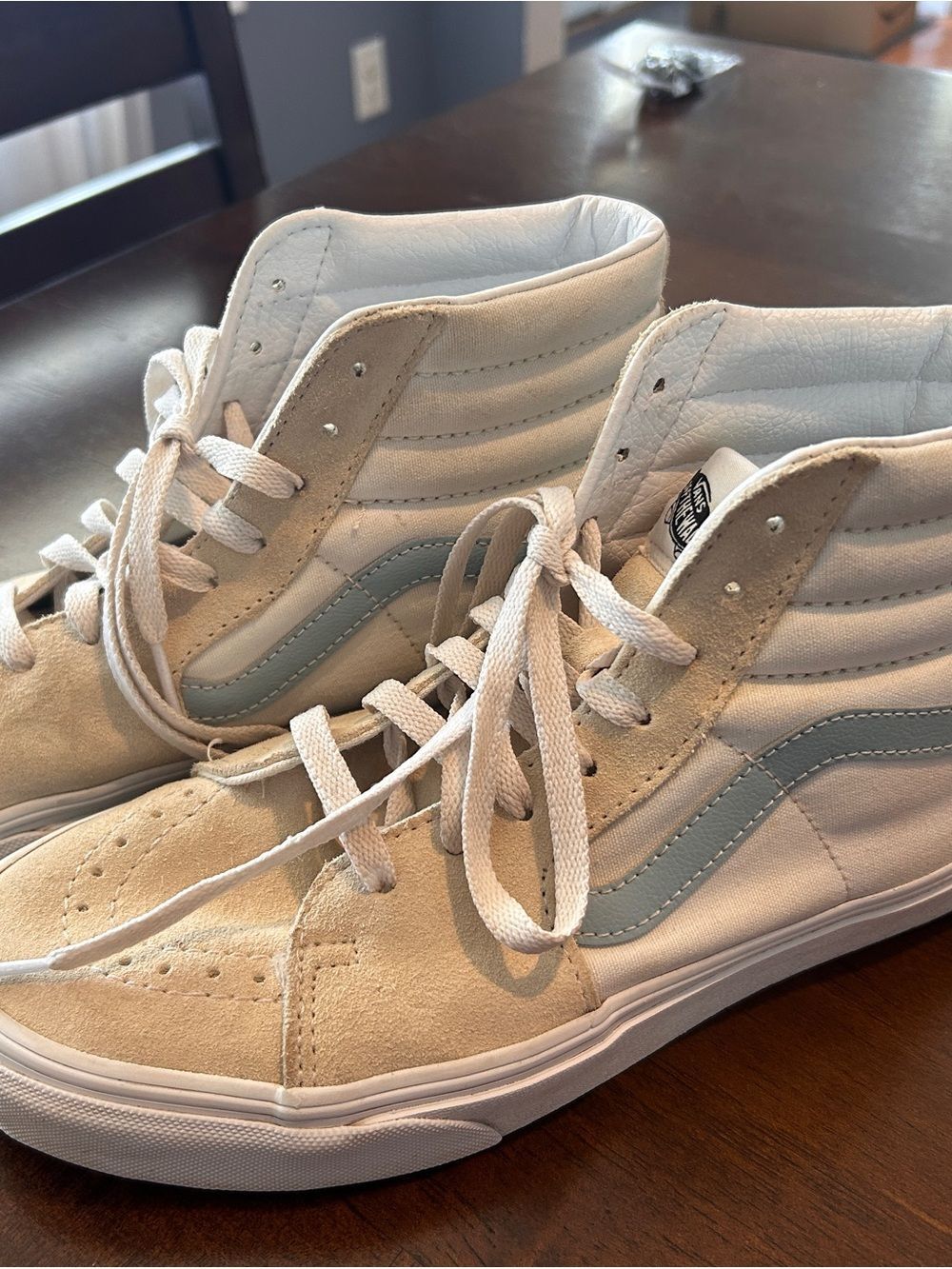 Vans High Top Sneakers in Cream, White and Light Blue mens 7.5 woman’s 9